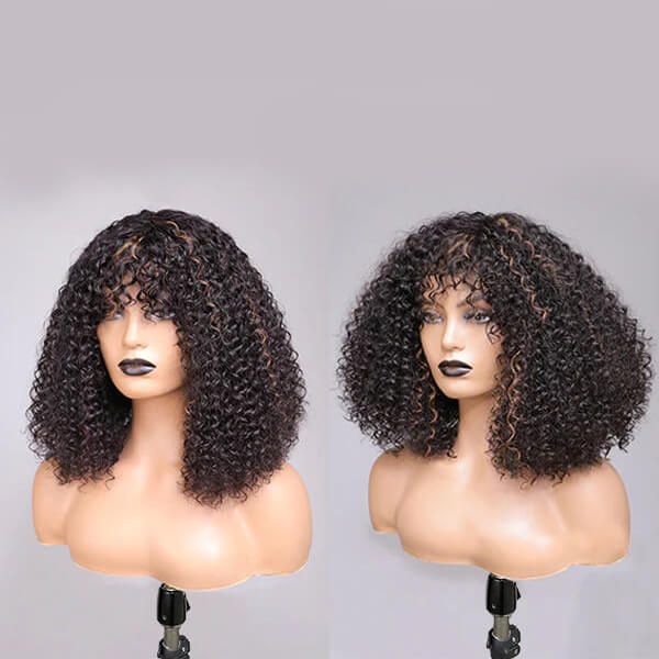 Highlight Afro Curly Wig With Bangs 100% Human Hair