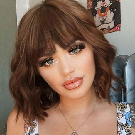 Short Human Hair Brown Bob Wigs with Bangs Lace Closure Wig