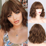 Short Human Hair Brown Bob Wigs with Bangs Lace Closure Wig