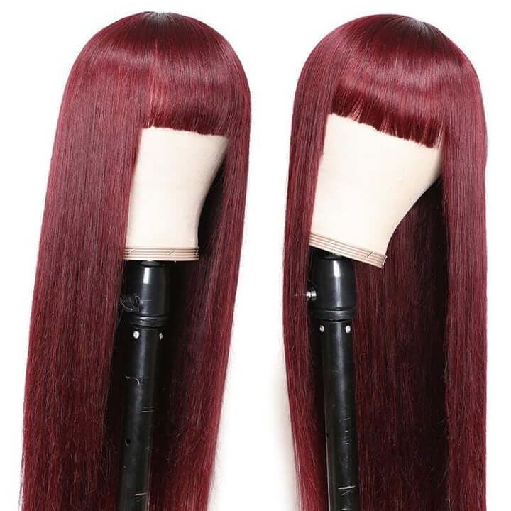 4X4 Lace 99j Red Color Straight Wigs With Bangs For Women 100% Virgin Human Hair Wigs