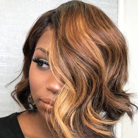 Asymmetrical Bob Brown Human Hair with Blonde Highlights Lace Wig