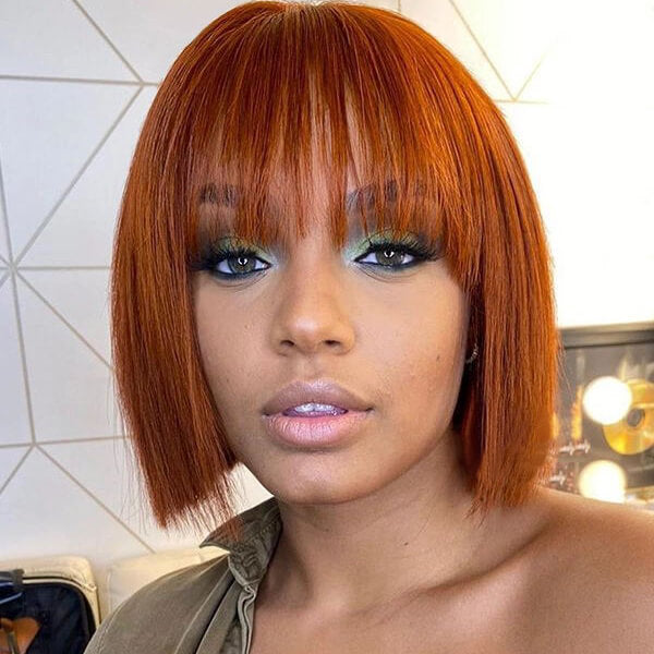 Human Hair Short Blunt Cut Bob Bangs Ginger Lace Closure Wig