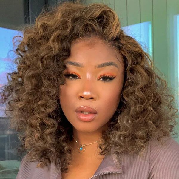 Shoulder Length Side Part Loose Curly Ash Blonde Highlights Lace Front Wigs Human Hair