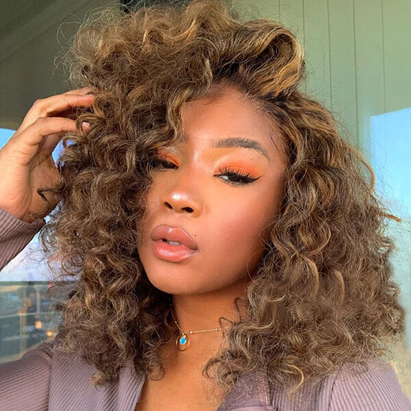Shoulder Length Side Part Loose Curly Ash Blonde Highlights Lace Front Wigs Human Hair