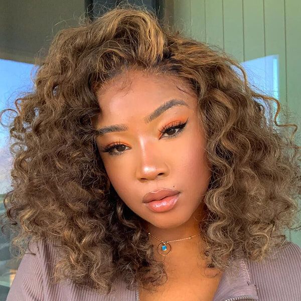Shoulder Length Side Part Loose Curly Ash Blonde Highlights Lace Front Wigs Human Hair