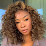 Shoulder Length Side Part Loose Curly Ash Blonde Highlights Lace Front Wigs Human Hair