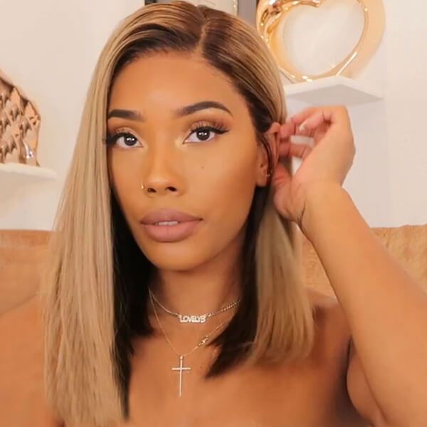 Shoulder Length Side Part Straight Ash Blonde with Dark Roots Wig Human Hair