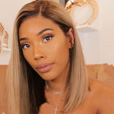 Shoulder Length Side Part Straight Ash Blonde with Dark Roots Wig Human Hair