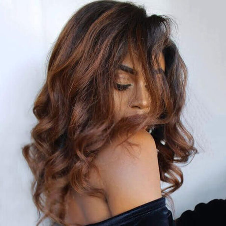 Shoulder Length Wavy Caramel Brown Highlights Wigs Human Hair