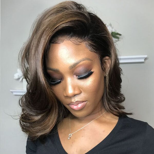 Shoulder Length Human Hair Wavy Caramel Highlights 13X4 Lace Front Wig