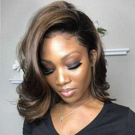 Shoulder Length Human Hair Wavy Caramel Highlights 13X4 Lace Front Wig