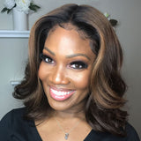 Shoulder Length Human Hair Wavy Caramel Highlights 13X4 Lace Front Wig