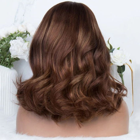 Shoulder Length Wavy Light Reddish Brown with Highlights Wig Human Hair
