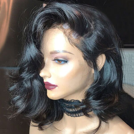 Side Part Wavy Bob Natural Color Lace Front Wigs  Human Hair