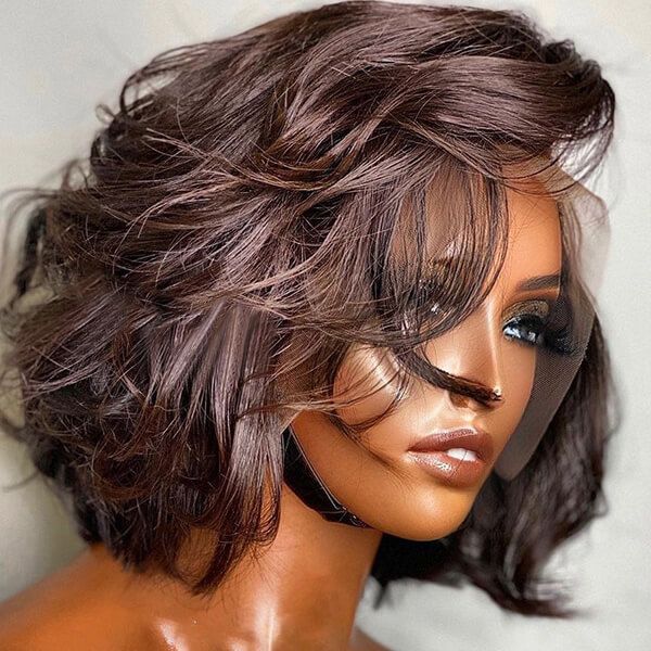 Side Part Messy Bob Light Reddish Brown Lace Front Wig Human Hair