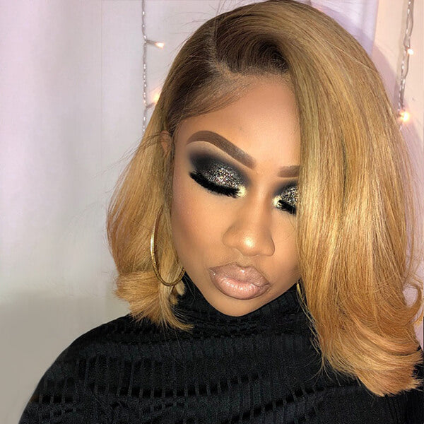 Side Part Wavy Bob Golden Blonde with Dark Roots Lace Front Wigs Human Hair