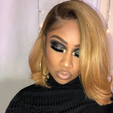 Side Part Wavy Bob Golden Blonde with Dark Roots Lace Front Wigs Human Hair
