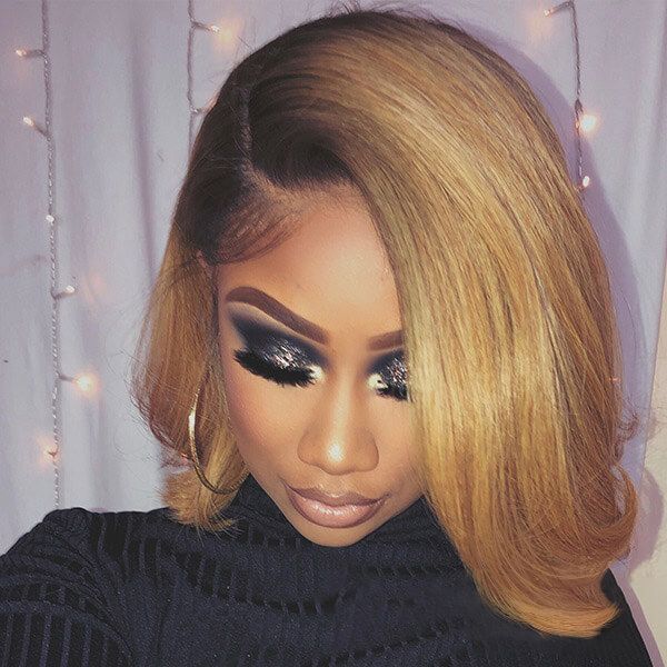 Side Part Wavy Bob Golden Blonde with Dark Roots Lace Front Wigs Human Hair