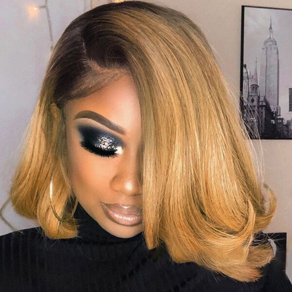 Side Part Wavy Bob Golden Blonde with Dark Roots Lace Front Wigs Human Hair