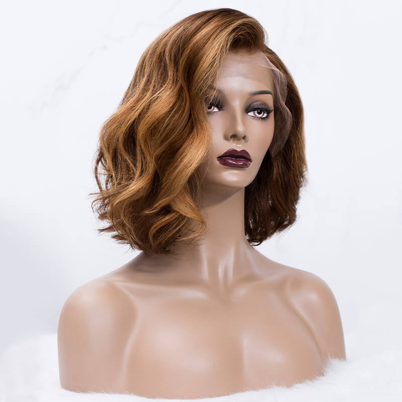 Side Part Wavy Bob Medium Brown with Blonde Highlights Wig Human Hair