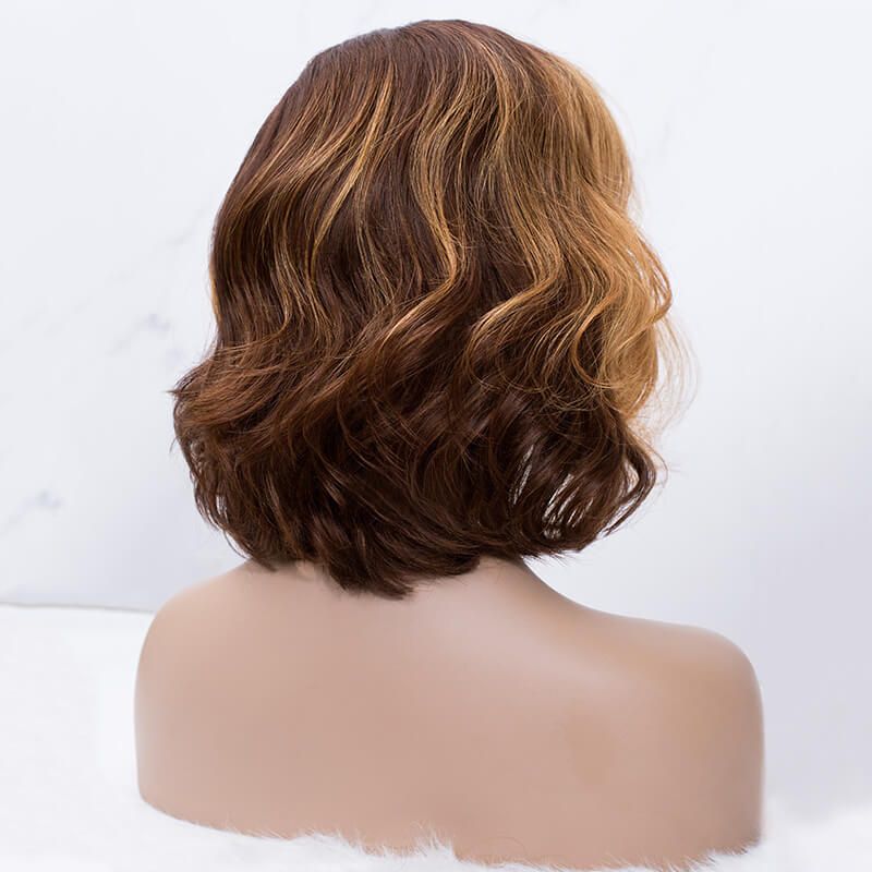 Side Part Wavy Bob Medium Brown with Blonde Highlights Wig Human Hair