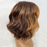 Side Part Wavy Bob Medium Brown with Blonde Highlights Wig Human Hair
