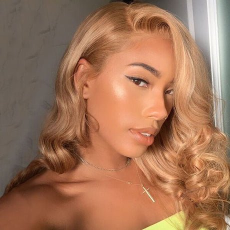 Side Part Wavy Golden Blonde 13x4 Lace Front Wigs Human Hair