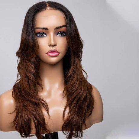 Layered Cut Brown Ombre Glueless Wigs Lace Front Wig Human Hair
