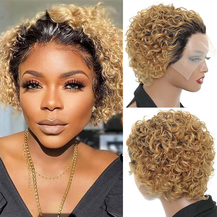 Ombre Honey Blonde Short Curly Pixie Cut Lace Wig Curly Human Hair