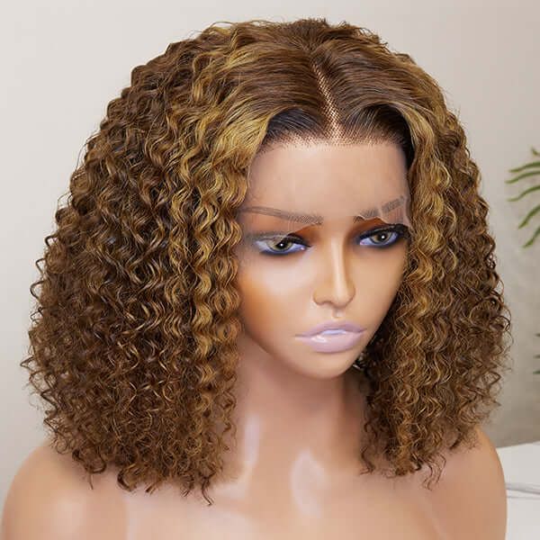 Mix Color Brown Curly Bob Wig 13x4 Frontal Lace Wig Human Hair
