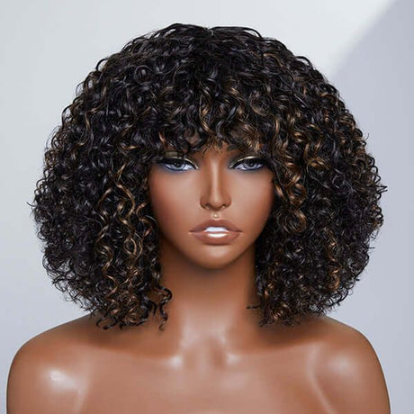 Highlights Deep Curly Wig With Bangs 13x4 Lace Front Wigs 180% Density Human Hair