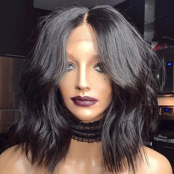 Middle Part Wavy Bob Natural Color Human Hair Lace Front Wigs
