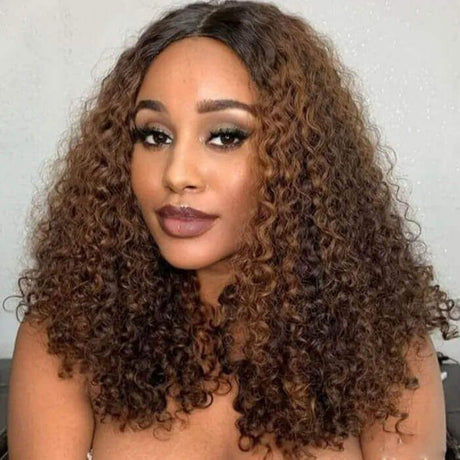 4X4 Lace Closure Human Hair Wig Dark Brown Jerry Curly Wig With Highlights