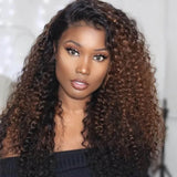 4X4 Lace Closure Human Hair Wig Dark Brown Jerry Curly Wig With Highlights