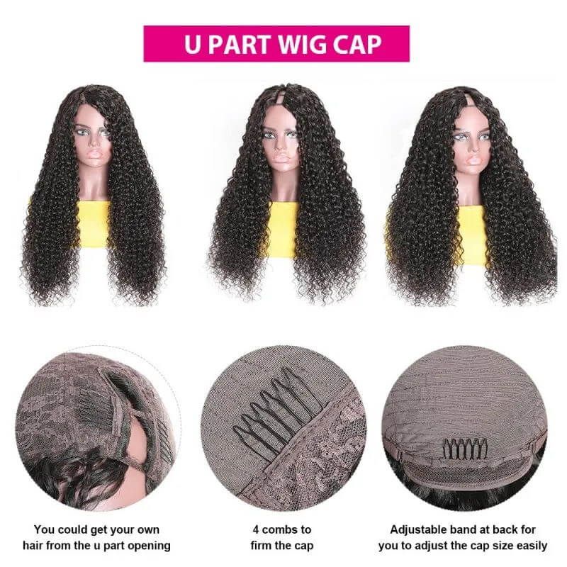 Deep Curly Human Hair Affordable U-Part Wig 150% Density 100% Virgin Hair