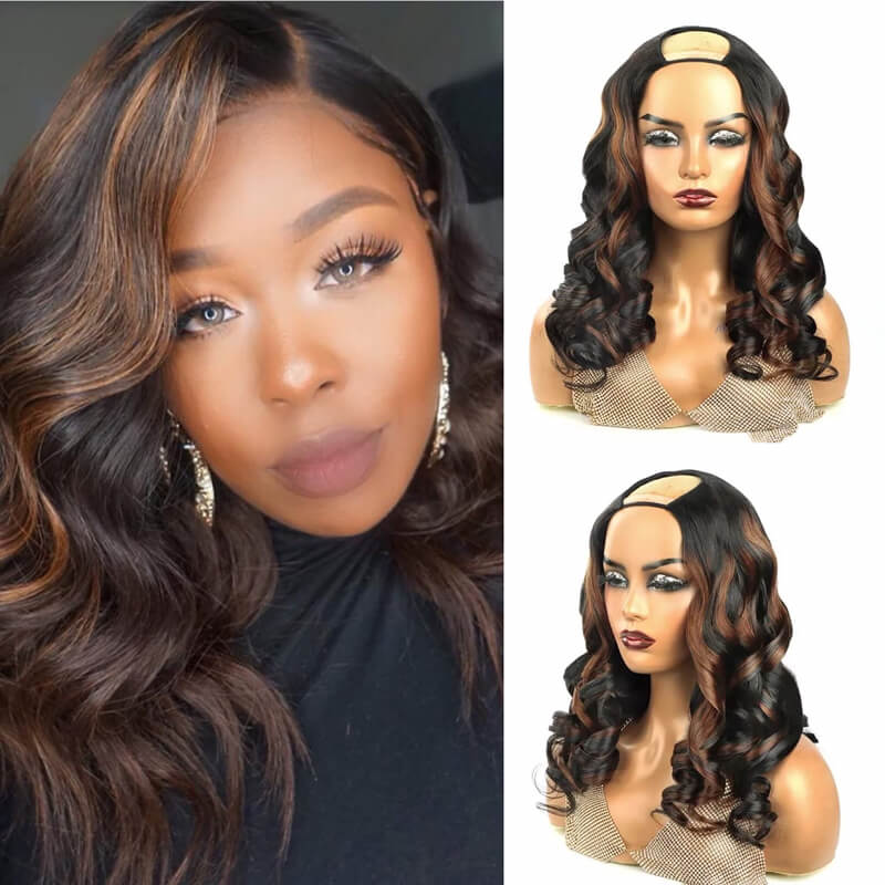 Affordable Wavy U-Part Wig 150% Density 1B/4# Color Human Hair Wig