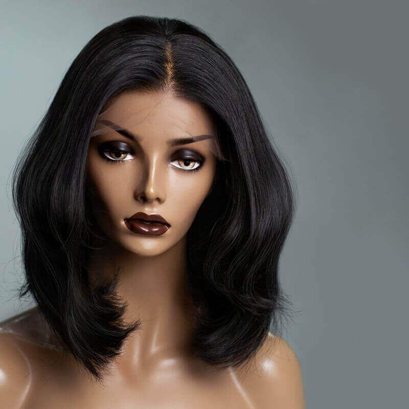 Mid Length Hair Layered Bob Human Hair Lace Front Wig 180% Density