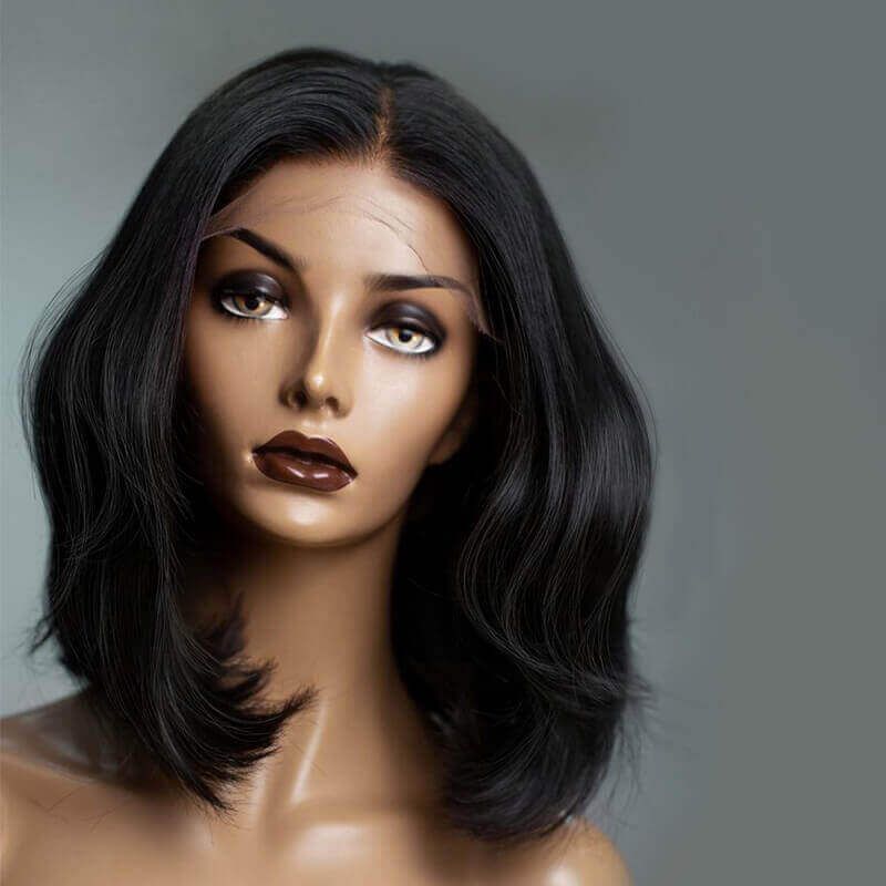 Mid Length Hair Layered Bob Human Hair Lace Front Wig 180% Density